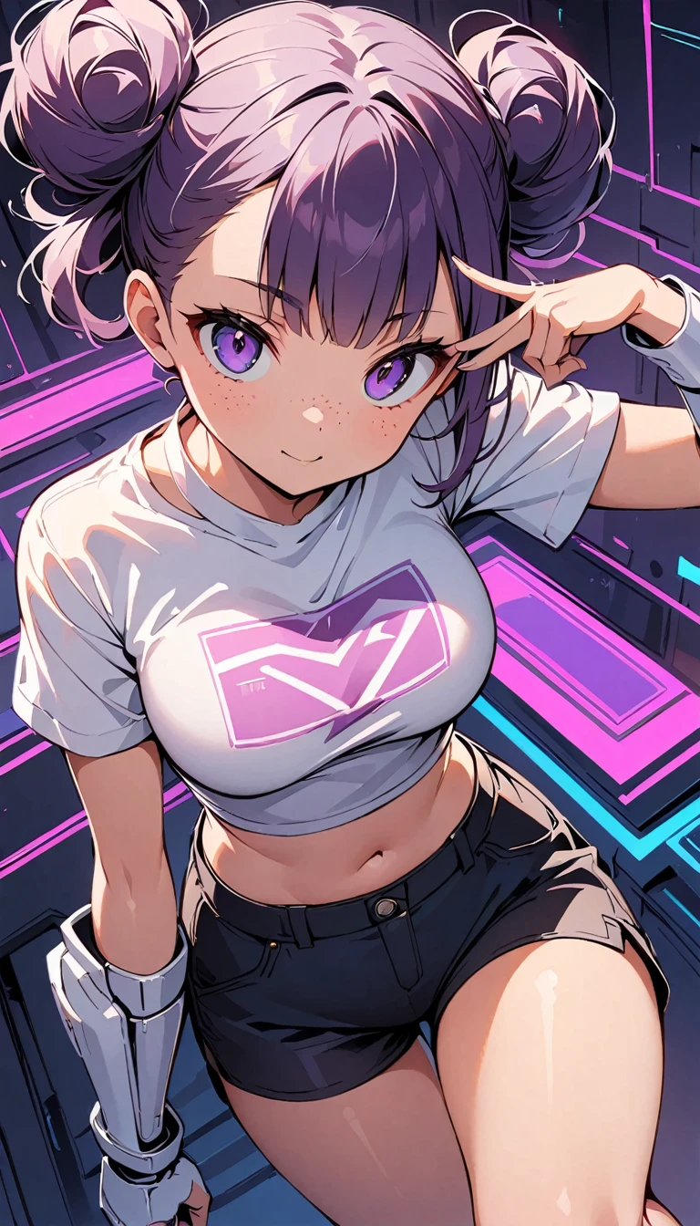 A stylized illustration in black, white of a confident female character with purple hair styled in two buns, striking a playful pose with a peace sign seen from a high angle shot. She has freckles, and wears a fitted white crop top with the word Boxes printed on it, along with black shorts and sleek, futuristic arm and leg armor. The background features a futuristic interior with abstract shapes and grid patterns, rendered in monochromatic tones with hints of purple. The overall artwork combines elements of cyberpunk aesthetics. 