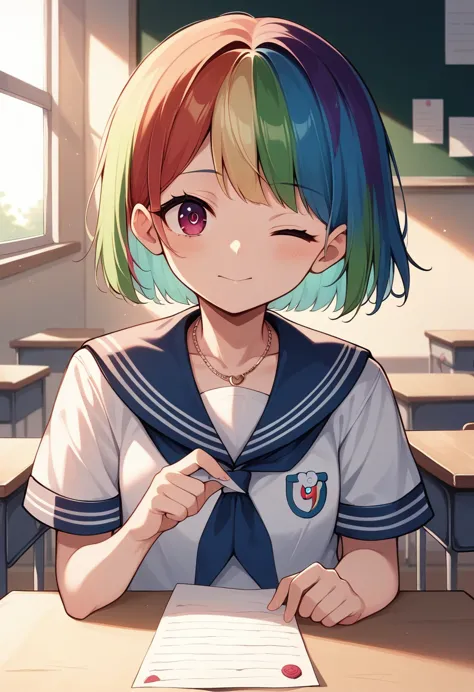 (((anime))) a woman winking,hand over the letter,gal,short hair,messy short bob,(rainbow hair),oblique bangs,one eye is hidden,b...