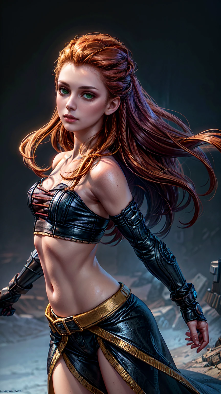 beautiful detailed eyes, beautiful detailed lips, extremely detailed eyes and face, long eyelashes, 1girl, cosplay, Kim Possible cosplays as Aloy from Horizon games, intricate detailed costume, high quality 3D render, cinematic lighting, photorealistic, hyper detailed, vibrant colors, warm lighting, dramatic pose, dynamic action, epic fantasy, (wide angle:1.32), (full length portrait:1.27), (small head) 