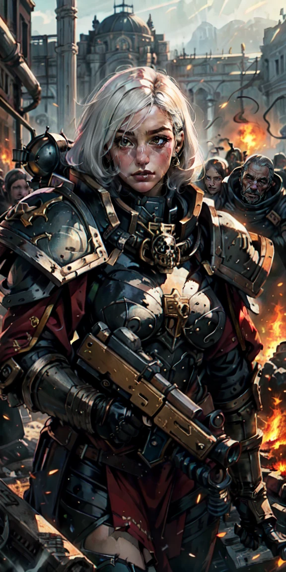 (masterpiece:1.2), (best quality:1.2), perfect eyes, perfect face, perfect lighting, 1girl, mature whore Sororitas with bolter gun in hands, scar over one eye, eyepatch, white hair, skulls on the ground, warhammer 40k, chaos, fire, scifi, detailed battlefield background