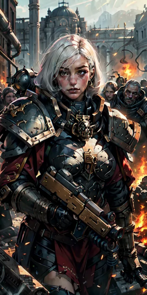 (masterpiece:1.2), (best quality:1.2), perfect eyes, perfect face, perfect lighting, 1girl, mature whore sororitas with bolter g...