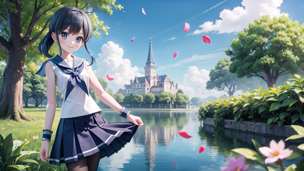 (masterpiece),  town,  blue sky,  One Girl,  smile,  alone,  Sailor suit、Long skirt,  Overgrown,  petal,  plant、Skirt lining、Translucent slip、nostalgic、Black Pantyhose