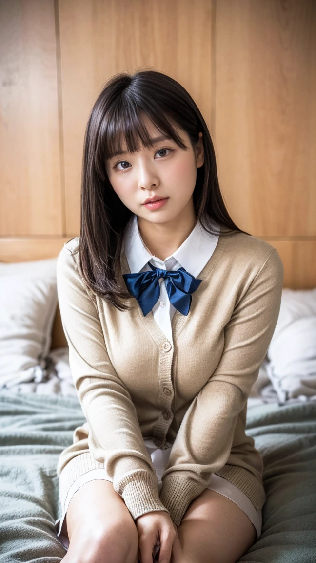 (((8k、High resolution、Highest quality、High resolution)))alone、Natural body shape、White skin、Natural Makeup、Black Hair、bangs、Straight Long Hair、、((High School Uniform)) 、((Beige cardigan、white collared long sleeve blouse))、((Red checked pleated skirt))、(red school ribbon)、、(Big Breasts)、((The upper body is wearing a uniform))、(((((Looking into the camera)))))、(((Head to shin portrait)))、(((Exposing your thighs)))、Bedroom、On the bed、Sit with your legs apart、((Focus on the crotch))、White socks