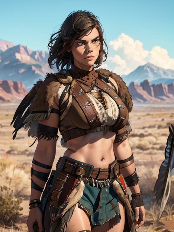 portrait photograph of Lauren Cohan as a apache, young beautiful native american woman, perfect symmetrical face, perfect body, sagging breasts, indigenes feather jewelry, traditional handmade dress, armed female hunter warrior, (((wild west))) environment, Utah landscape, ultra realistic, concept art, elegant, ((intricate)), ((highly detailed)), depth of field, ((professionally color graded)), soft ambient lighting, dusk, 8k, jackwh 