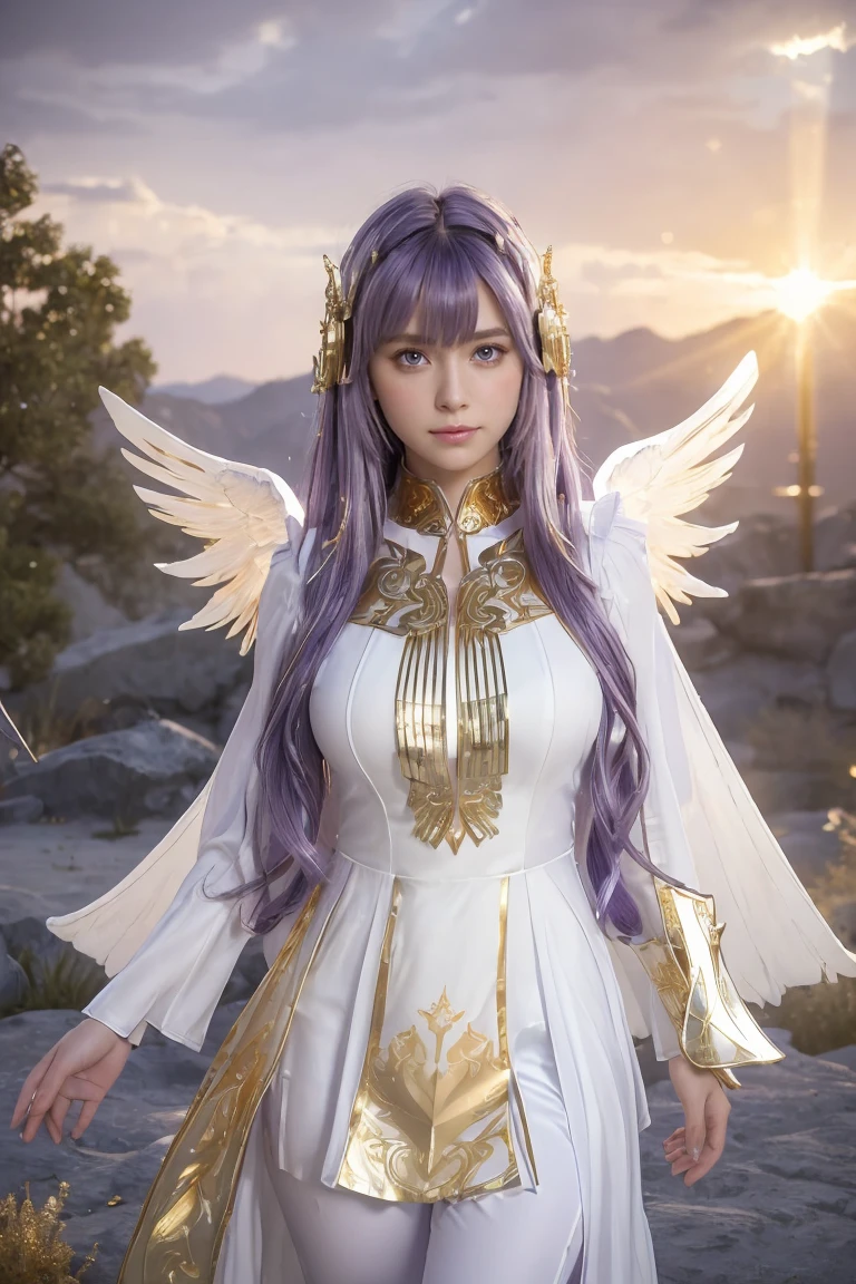 ((masterpiece, Highest quality, Very detailed), Volumetric lighting, Ambient Occlusion, colorful, Shine), 
One girl, alone, Young girl, (Purple Hair), Long Hair, Hello, aura, sacred, goddess, Cleric Suit, (White outfit with gold details:1.3), Angel Wings,
Outdoor, sunset, null, cloud, null間, (Fantasy Theme:1.2),