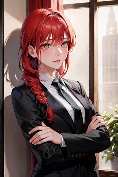 (highest quality)、(highest quality)、hand、expressionless、strong redhead、suit、braiding、black tie、jealousy