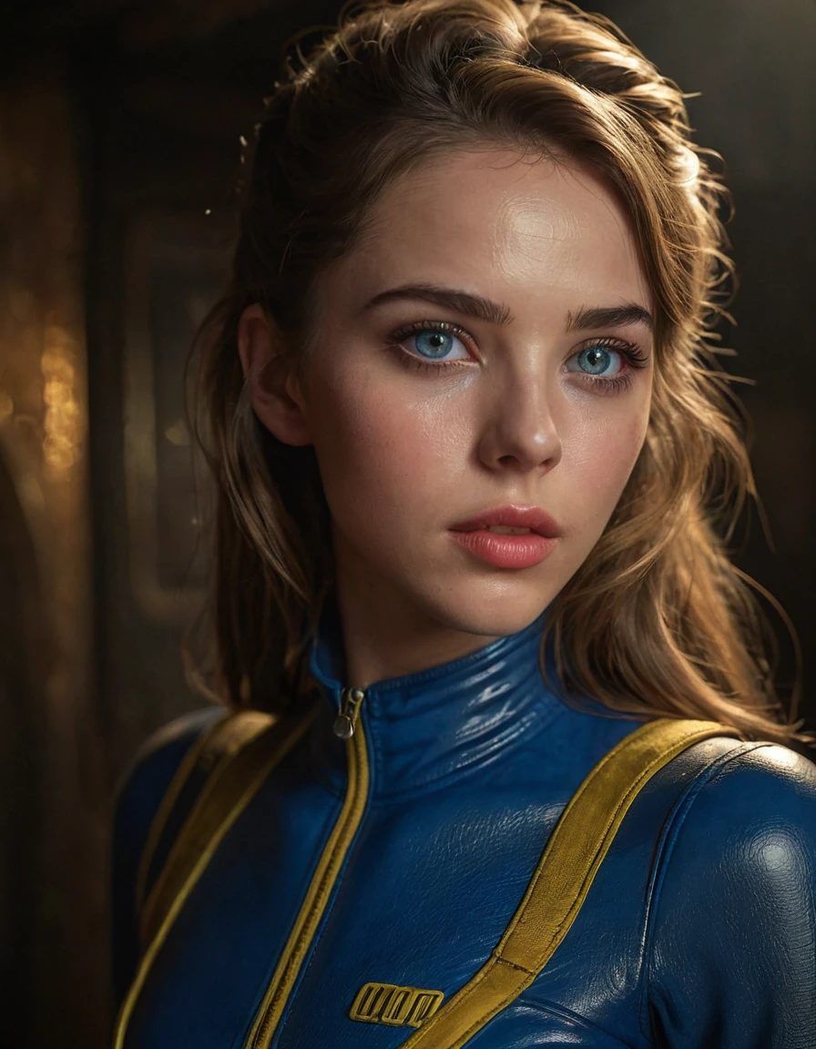 a young woman wearing a tight jumpsuit, vault 4 fallout, detailed face, beautiful eyes, detailed lips, long eyelashes, beautiful detailed portrait, photorealistic, 8k, cinematic lighting, dramatic lighting, intricate details, hyper detailed, vibrant colors, dramatic colors, chiaroscuro lighting, masterpiece