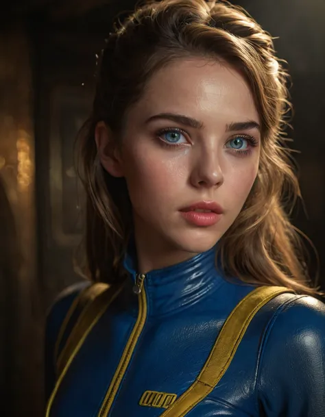 a young woman wearing a tight jumpsuit, vault 4 fallout, detailed face, beautiful eyes, detailed lips, long eyelashes, beautiful...