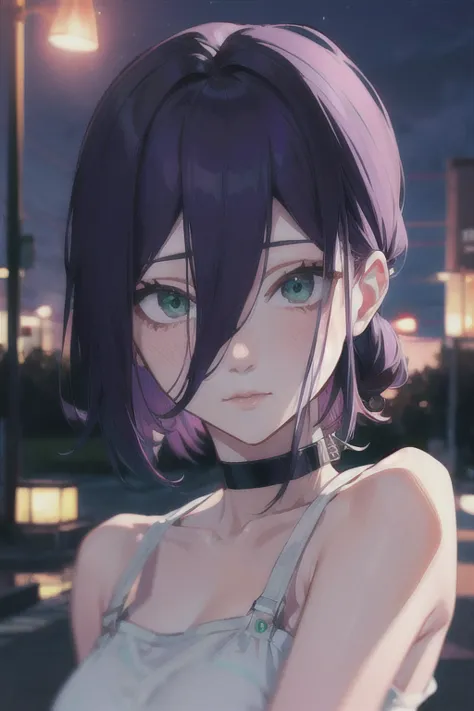 (highest quality)、(highest quality)、cut、chainsaw man、cute、(choker).eyes are emerald、her hair is purple、short bob、beautiful night...