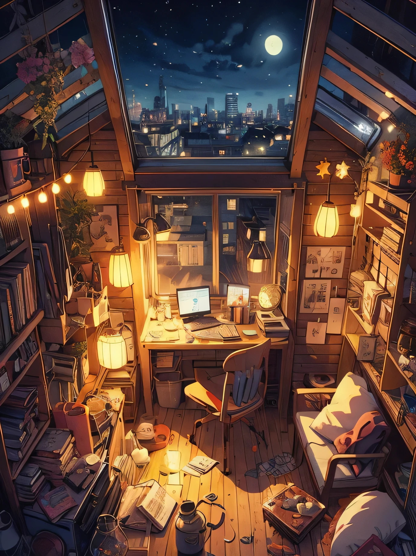 Draw an animation of High Fidelity HD comfortable room at night, On the rooftop, (warm light), many things, 2D anime style, 90s anime aesthetics, High Fidelity, Very detailed, Hard Drive, Anime style mixed with Fujifilm, surreal, 8k, masterpiece