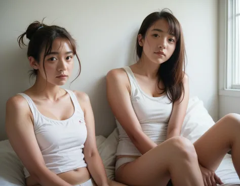 japanese 2 girls、 analog film photo, (create a realistic and photorealistic photo image)、whole body、white tank top、white panties...