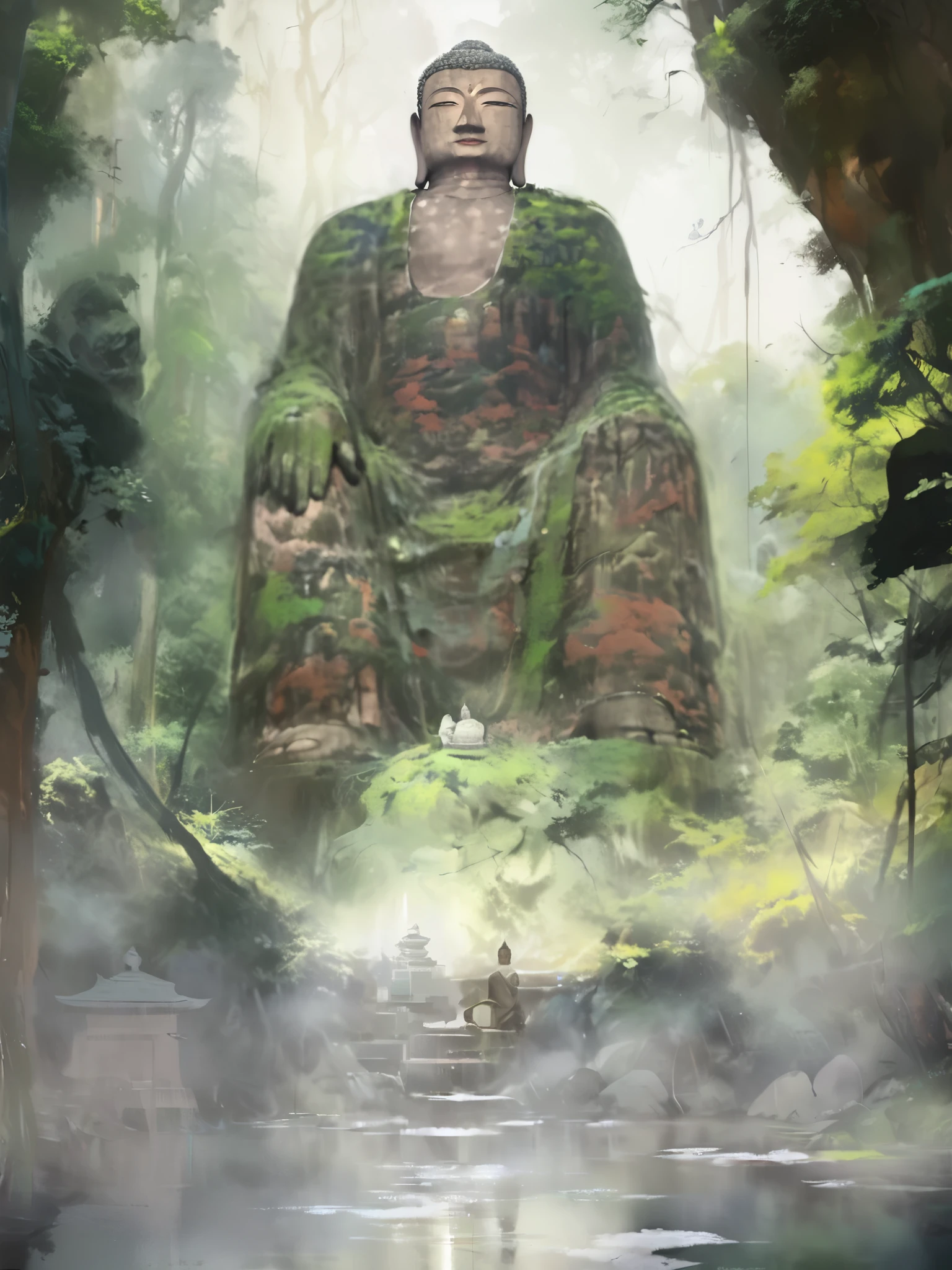 Painting of Buddha statue in the forest,Digital Painting, There is a Buddha statue in the mysterious forest，Leshan Giant Buddha，In front of the pond，CG concept art，Foggy