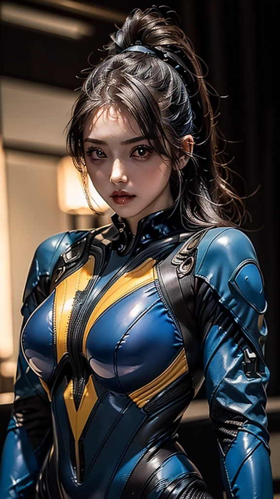 ((Highest quality:1.2, 8K, masterpiece: 1.3)), (beauty, big: 1.6, Slim abs: 1.2), (realistic:1.2),((Beautiful face:1.2)),( Highly detailed lips, Detailed eyes, double eyelid),((Upper Body)), ((Wearing a plug suit:1.6)), 1 female, Short bob woman, One mole on the right breast