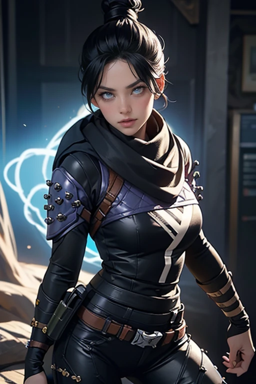 Foto de corpo inteiro,  (Highly detailed CG Unity 8k wallpaper),(masterpiece), (highest quality), (super detailed), (Best Illustration),(best shadow), Wraith apex legends, Masterpiece artwork, best qualityer, kissshotms, 1 girl, natta, Efeito de Luz, Masterpiece artwork, best qualityer, 1 girl, mature woman, breasts big, 8k, UHF, (abdomen, )muscular woman, Waist slender, detailedeyes, FGO1, 1stClothing, 1 girl, solo, hair bun simples, hair bun, scarf, sultry posing, Bblack hair, black scarf, blue colored eyes, bangss, bangss distributed, Hair behind the ear, mitts, piercing no nariz, mitts pretas