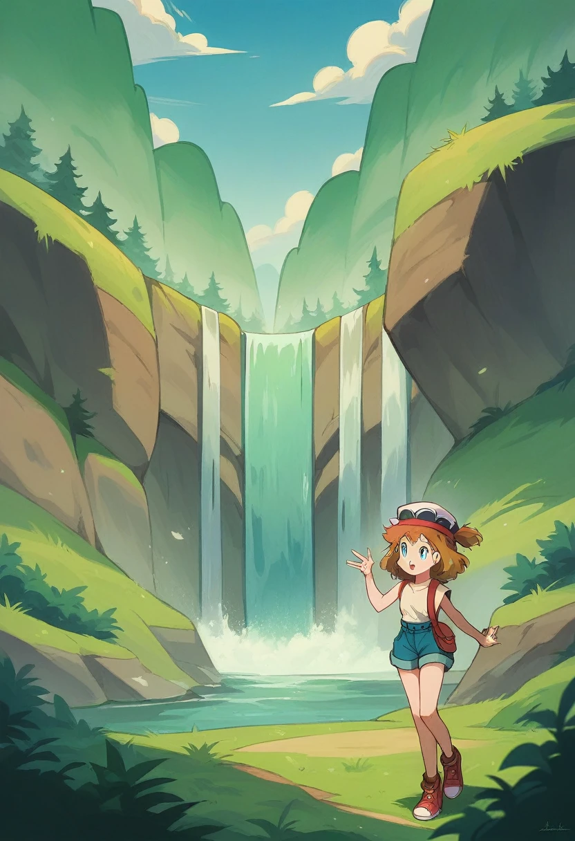 natural landscape, waterfall, wallpaper, Misty_pokemon , Berry Short, Orange Hair, one side up hair ,Big green eyes. serena (light brown hair, blue eyes, hat) high quality, 8k, high quality, original design, 