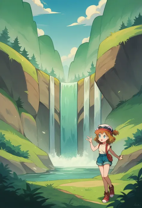 natural landscape, waterfall, wallpaper, misty_pokemon , berry short, orange hair, one side up hair ,big green eyes. serena (lig...