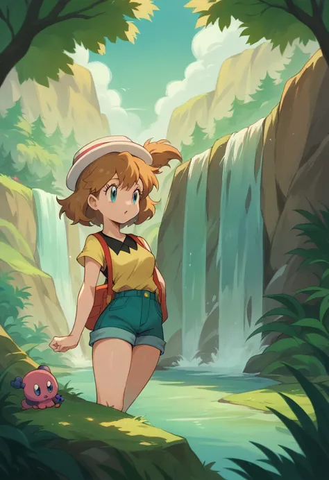 natural landscape, waterfall, wallpaper, misty_pokemon , berry short, orange hair, one side up hair ,big green eyes. serena (lig...