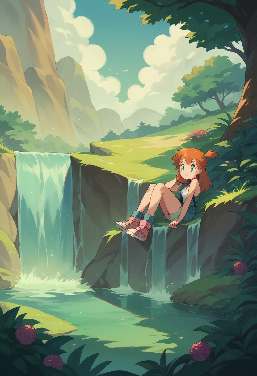 natural landscape, waterfall, wallpaper, Misty_pokemon , Berry Short, Orange Hair, one side up hair ,Big green eyes. Dawn light brown hair, blue eyes, hat) high quality, 8k, high quality, original design, together,