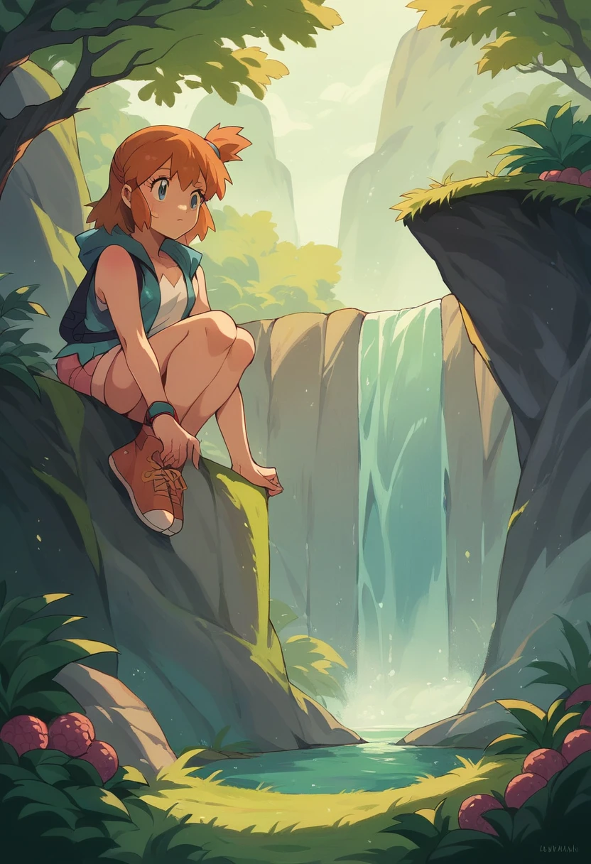 natural landscape, waterfall, wallpaper, Misty_pokemon , Berry Short, Orange Hair, one side up hair ,Big green eyes. Dawn light brown hair, blue eyes, hat) high quality, 8k, high quality, original design, together,