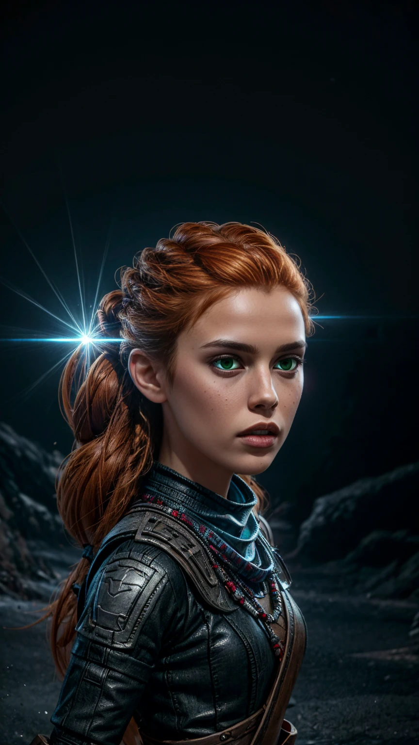 beautiful detailed eyes, beautiful detailed lips, extremely detailed eyes and face, long eyelashes, 1girl, cosplay, Kim Possible cosplays as Aloy from Horizon games, intricate detailed costume, high quality 3D render, cinematic lighting, 2000s era American cartoon style, hyper detailed, vibrant colors, warm lighting, dramatic pose, dynamic action, epic fantasy, (wide angle:1.32), (full length portrait:1.27), (small head) 