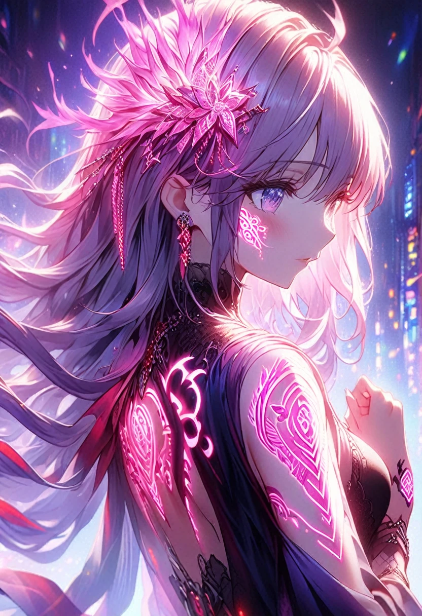 Anime screenshots、Artistic anime illustration of a woman adorned with glowing neon geometric dragon tattoos all over her body and face。Arm and leg tattoos、A mix of red and purple and fire。、It emits neon light。She has long, flowing hair。、、This scene has a dreamy soft-focus effect。、It highlights the dreamy glow of the tattoo.。、Back of hand、sit、