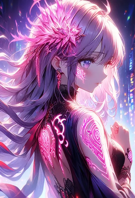 anime screenshots、artistic anime illustration of a woman adorned with glowing neon geometric dragon tattoos all over her body an...