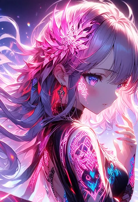 anime screenshots、artistic anime illustration of a woman adorned with glowing neon geometric dragon tattoos all over her body an...