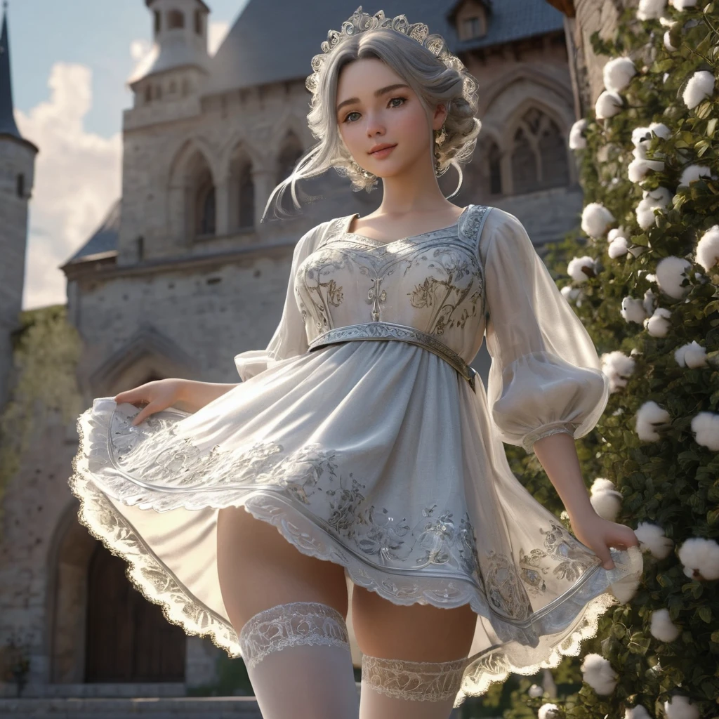 (Highly detailed CG Octane render 8k wallpaper),  Girls Underwear, You can see real bloomers made from cotton fabric.., With panniers, Medieval Translucent Dress, Fabric Realism, Low - Angle,  Pull up the dress by hand, Strong winds, Translucent slip, Translucent slip, tights, Highest quality, whole body, I can see your thighs, Silver and gold embroidery, The dress is also embroidered.