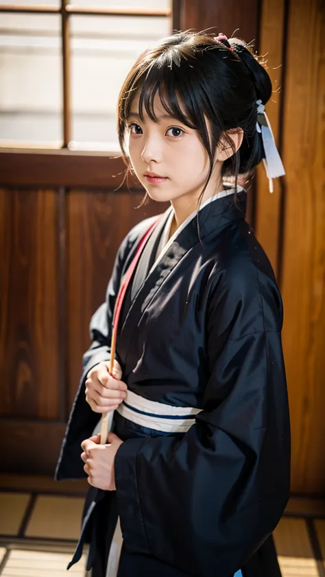 japanese elementary school girl cosplaying as okita souji of the shinsengumi, sidelong glance, end of edo period, kyoto