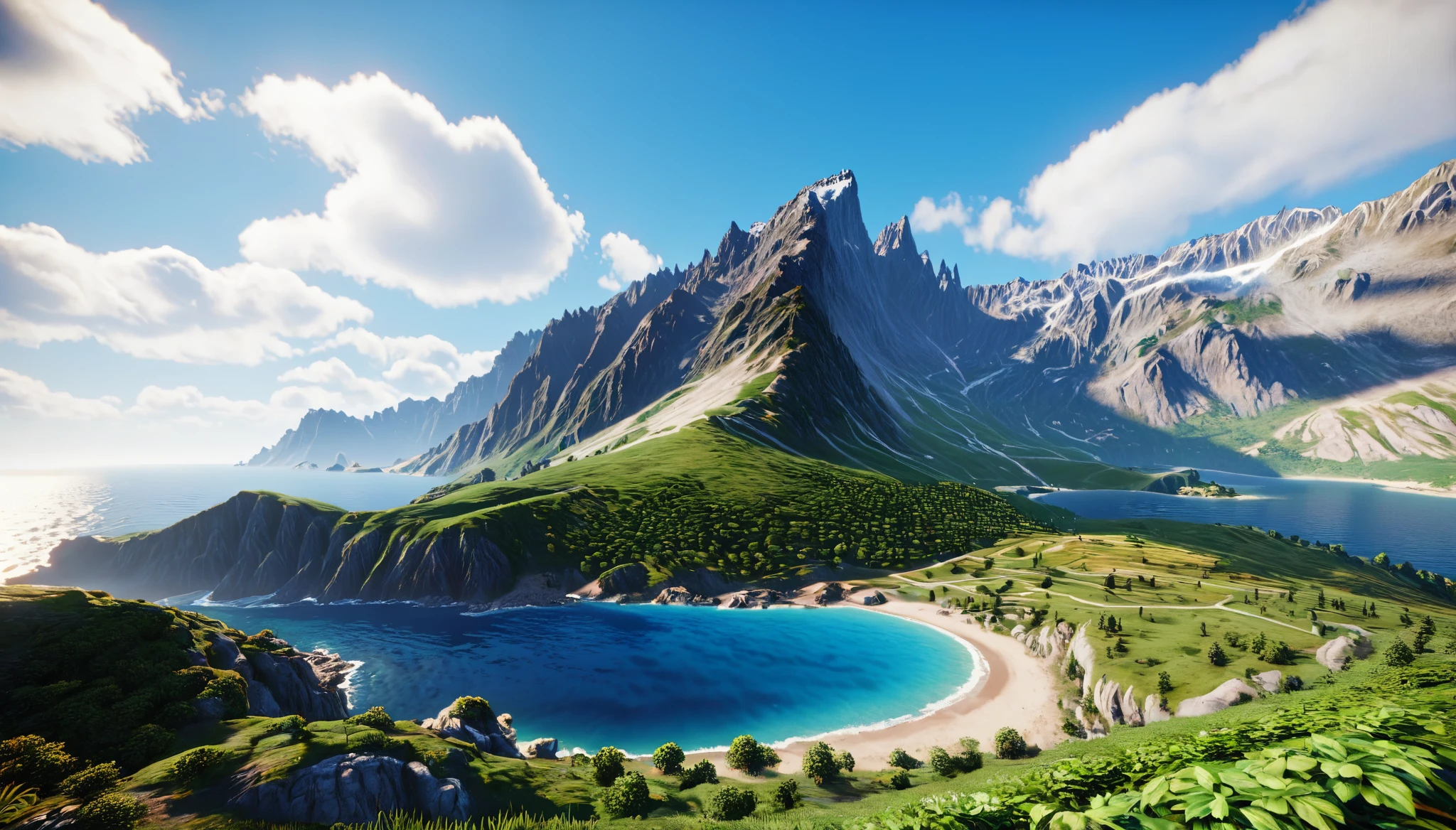 Front view，There is a highest mountain on the West Sea.，The mountain is full of green plants（best quality，4K，8k，High level，masterpiece：1.2），Ultra Detailed，（lifelike，Photo real，Photo real：1.37），Realistic lighting，Unreal Engine 4K Wallpaper，Summer Unreal Engine 5, Beautiful landscape rendering, Mountains and Oceans, Rendered in 8k Unreal Engine,，The most beautiful scenery，Epic shock