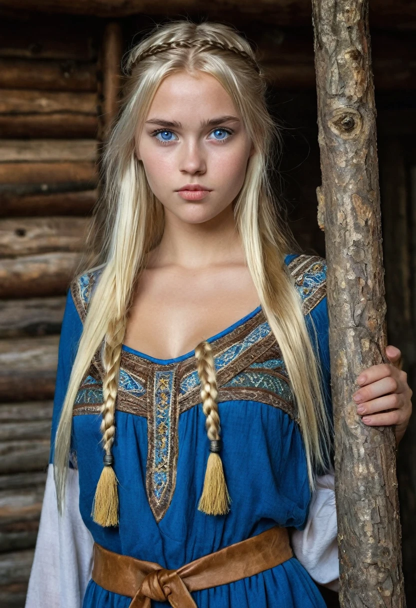 front view, Viking girl,12 century,  Sweden Young girl, beautiful female, 1, (Highly detailed face, Ordinary eyes, Blue  eye,  gold hair, fringe, Variegated eyes, Fuller lips, little Lips), (Middle breasts, Slender Whist, Middle Hip),((super low cut revealing sexy dress nsfw)) ,(Viking costume, clothes), standing pose, in log house,close up face,4K portrait,UHD,