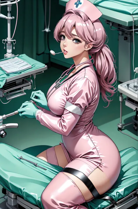 nurse uniform,hospital, latex nurse suit,nurses,busty,elbow gloves,labcoat,black hair woman,pink eyes , gigantic ,medical instru...