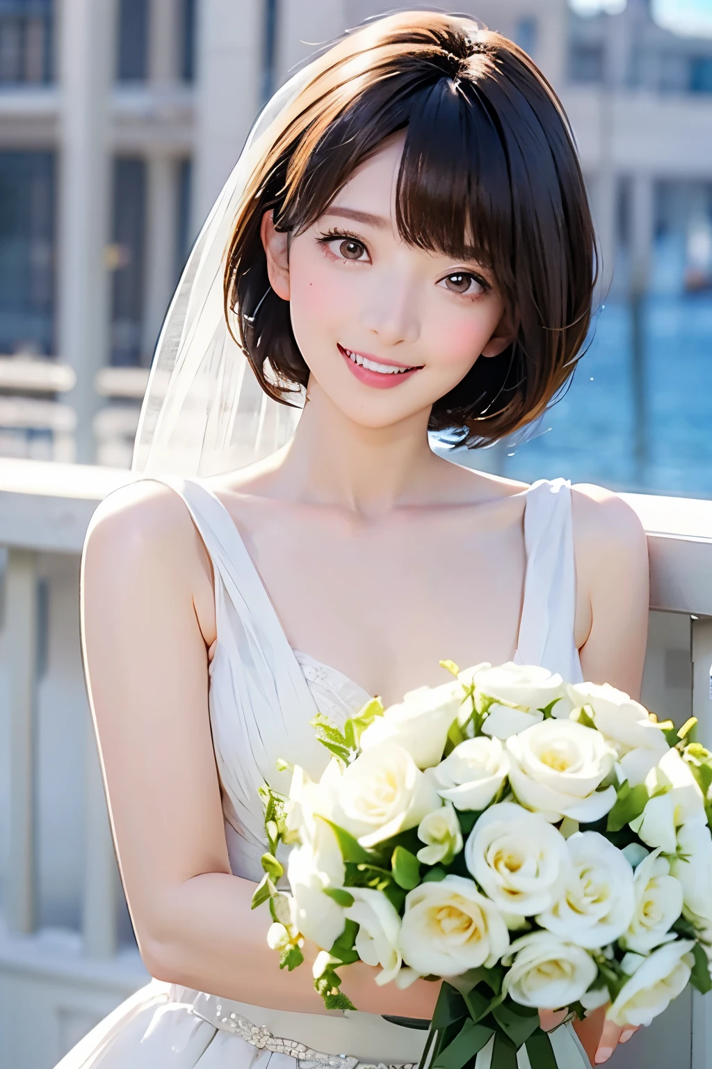 white、Ocean、Droopy eyes、Brown eyeballs on face、smile、1 female、Woman in a dress、Bob Hair、Detailed face、Clear Face、((Best image quality))、Mole、bouquet、bride