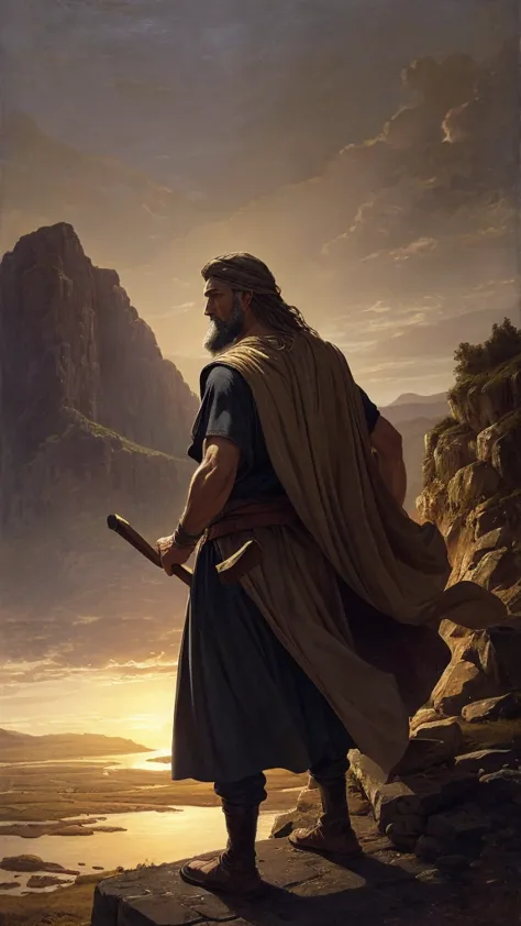 epic artistic depiction of the prophet samuel, standing slightly distant and seen from behind, holding a simple oak wood staff. ...