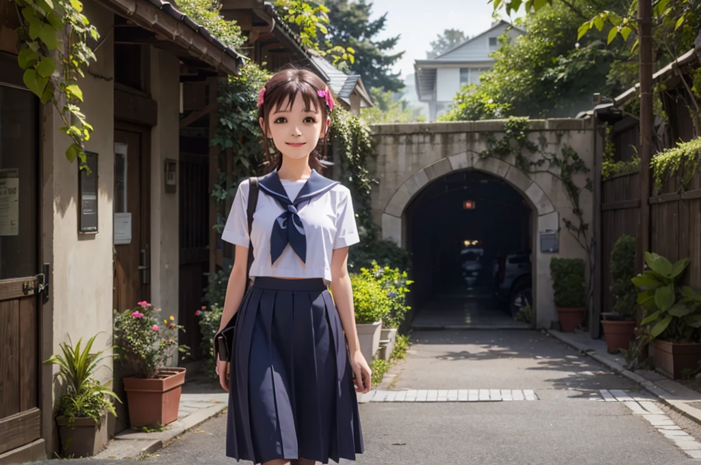 (masterpiece),  town,  blue sky,  One Girl,  smile,  alone,  Sailor suit、Long skirt,  Overgrown,  petal,  plant、Skirt lining、Translucent slip、nostalgic、Black Pantyhose