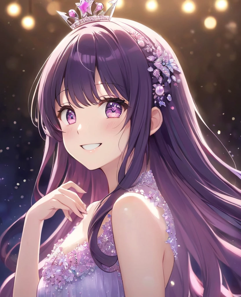 Hoshino Ai、Idol、Beautiful purple and pink eyes、The shining star in your eyes、Luminous effect、My Favorites、Spotlighted、A radiant smile、Long Hair、dress、Dark purple hair、masterpiece、Highest quality、Perfect Face、Look forward、Gazing at the audience、Beautiful eyes and hair、Cute Face、Perfect Face立ち