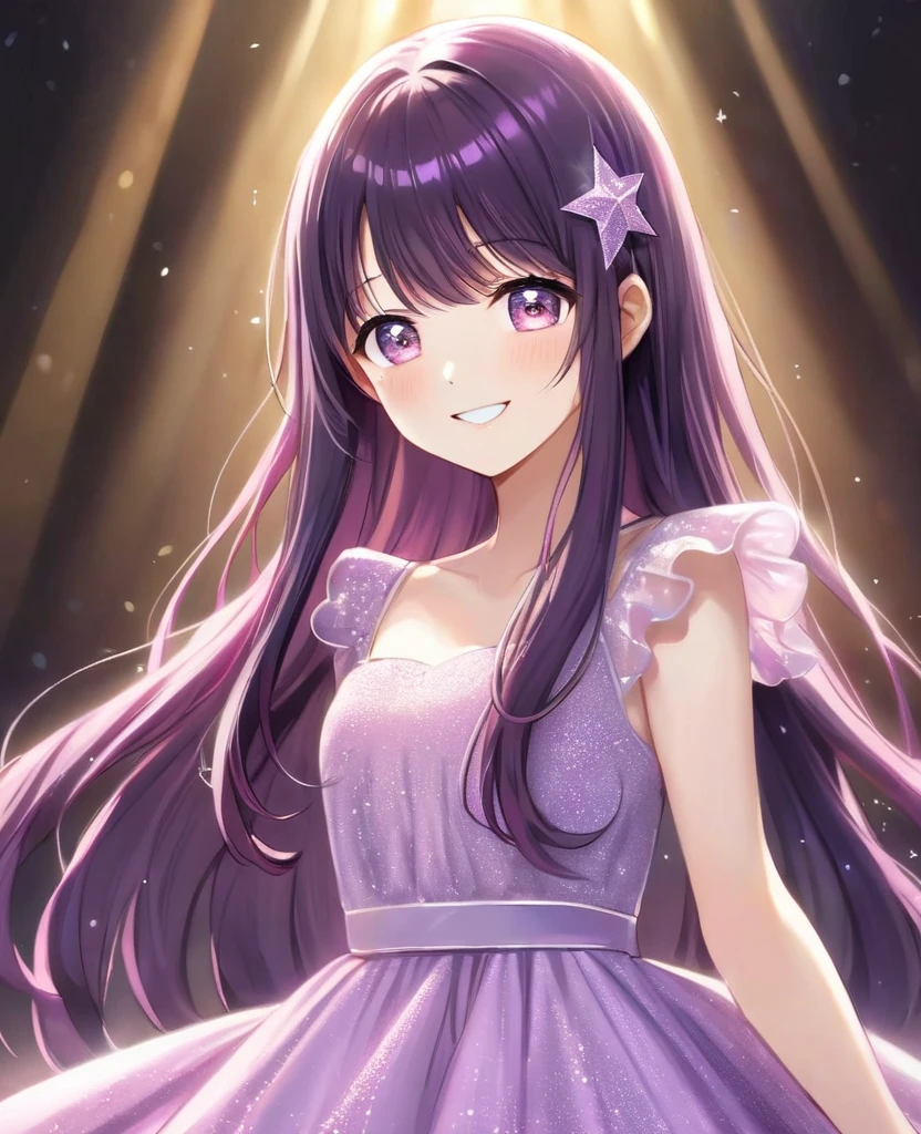 Hoshino Ai、Idol、Beautiful purple and pink eyes、The shining star in your eyes、Luminous effect、My Favorites、Spotlighted、A radiant smile、Long Hair、dress、Dark purple hair、masterpiece、Highest quality、Perfect Face、Look forward、Gazing at the audience、Beautiful eyes and hair、Cute Face、Perfect Face立ち