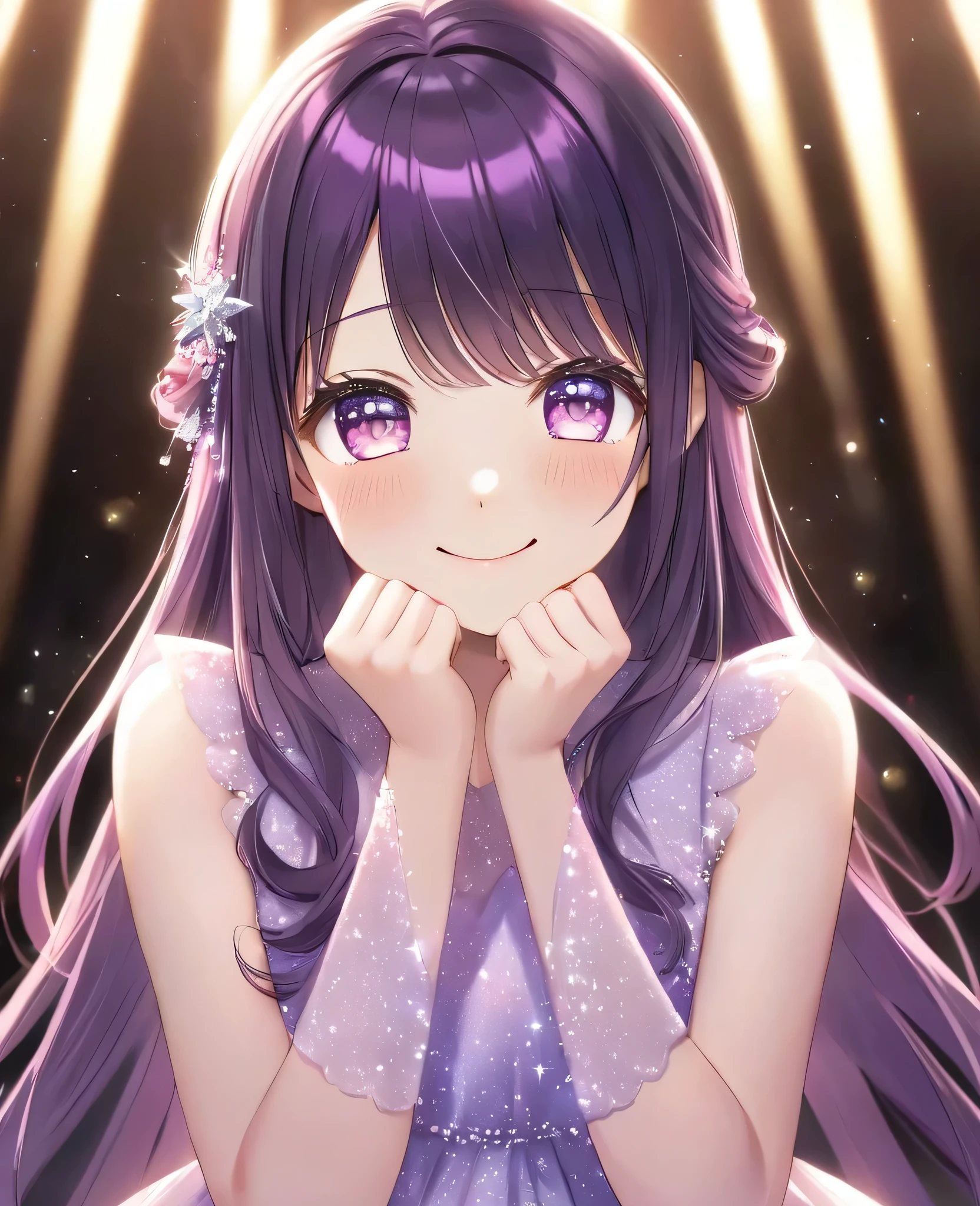 Hoshino Ai、Idol、Beautiful purple and pink eyes、The shining star in your eyes、Luminous effect、My Favorites、Spotlighted、A radiant smile、Long Hair、dress、Dark purple hair、masterpiece、Highest quality、Perfect Face、Look forward、Gazing at the audience、Beautiful eyes and hair、Cute Face、Perfect Face立ち