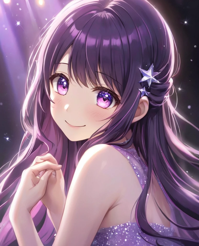 Hoshino Ai、Idol、Beautiful purple and pink eyes、The shining star in your eyes、Luminous effect、My Favorites、Spotlighted、A radiant smile、Long Hair、dress、Dark purple hair、masterpiece、Highest quality、Perfect Face、Look forward、Gazing at the audience、Beautiful eyes and hair、Cute Face、Perfect Face立ち