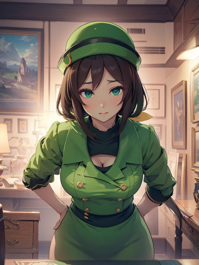 (​masterpiece、top-quality、hight resolution、Unity 8k、extremely details CG:1,Best Picture), hayakawa tazuna, low ponytail, green headwear, green jacket, pantyhose, Emphasis on cleavage, "A porn star leaning forward, captured from the front view, with her body slightly bent at the waist. Her facial expression is a mix of seduction and playfulness, making eye contact with the viewer. Her hair falls forward, framing her face, and she’s wearing a tight outfit that accentuates her curves. The focus is on her upper body and face, highlighting the teasing posture.", ((open jacket))