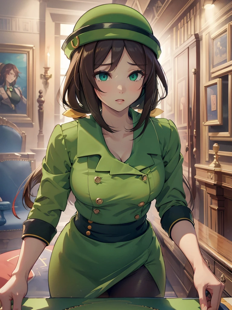 (​masterpiece、top-quality、hight resolution、Unity 8k、extremely details CG:1,Best Picture), hayakawa tazuna, low ponytail, green headwear, green jacket, pantyhose, Emphasis on cleavage, "A porn star leaning forward, captured from the front view, with her body slightly bent at the waist. Her facial expression is a mix of seduction and playfulness, making eye contact with the viewer. Her hair falls forward, framing her face, and she’s wearing a tight outfit that accentuates her curves. The focus is on her upper body and face, highlighting the teasing posture.", ((open jacket))