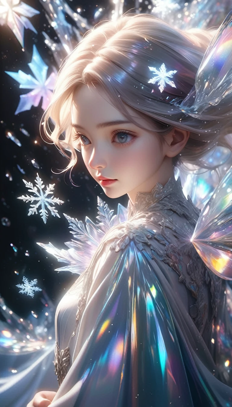 Black canvas, 透明でShine雪の結晶が降る, Transparent holographic reflection, (Highest quality,4K,8k,High resolution,masterpiece:1.2),Very detailed,(Realistic,photoRealistic,photo-Realistic:1.37),Very detailed, Complex, hyperRealistic, Cinema Lighting, Dramatic lighting, Volumetric lighting, 3D Depth, Crystal-like texture, Glass-like surface, Mysterious, dream-like, Mysterious, Otherworldly, Magic, Shine, Sparkling, Refract, Iridescent, translucent, bright, Shine,kin