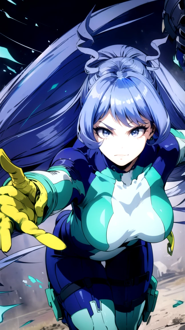 Nejirehadu, Nejire Wave, portrait of a girl, emphasis on the face, Blue eyes, blue hair, long hair, Break Blue Bodhi, drill hair, gloves, green bodysuit, multicolored боди, colorful clothes, yellow gloves, ((beautiful body)), Destruction of dynamic frames，fighting stance, fights，top quality, a high resolution, unity 8k wallpaper, (form:0.8), (美しくてfineness:1.6), very detailed face, perfect offer, detailed computer graphics, (perfect hands, Ideal Anatomy), beautiful eyes, beautiful background, Beautiful and refined body,fineness,Class,smile, chedevr，Best quality，very detailed，Apparently for the legs， permission 8k， High sharpness， permission 8k， very detailed， 8k contract， professional lighting， photon mapping，physical rendering， perfect face， detailed face and body， Traced Beam， expressive look， Cinmatic Светing，elastic , Increased sexuality，