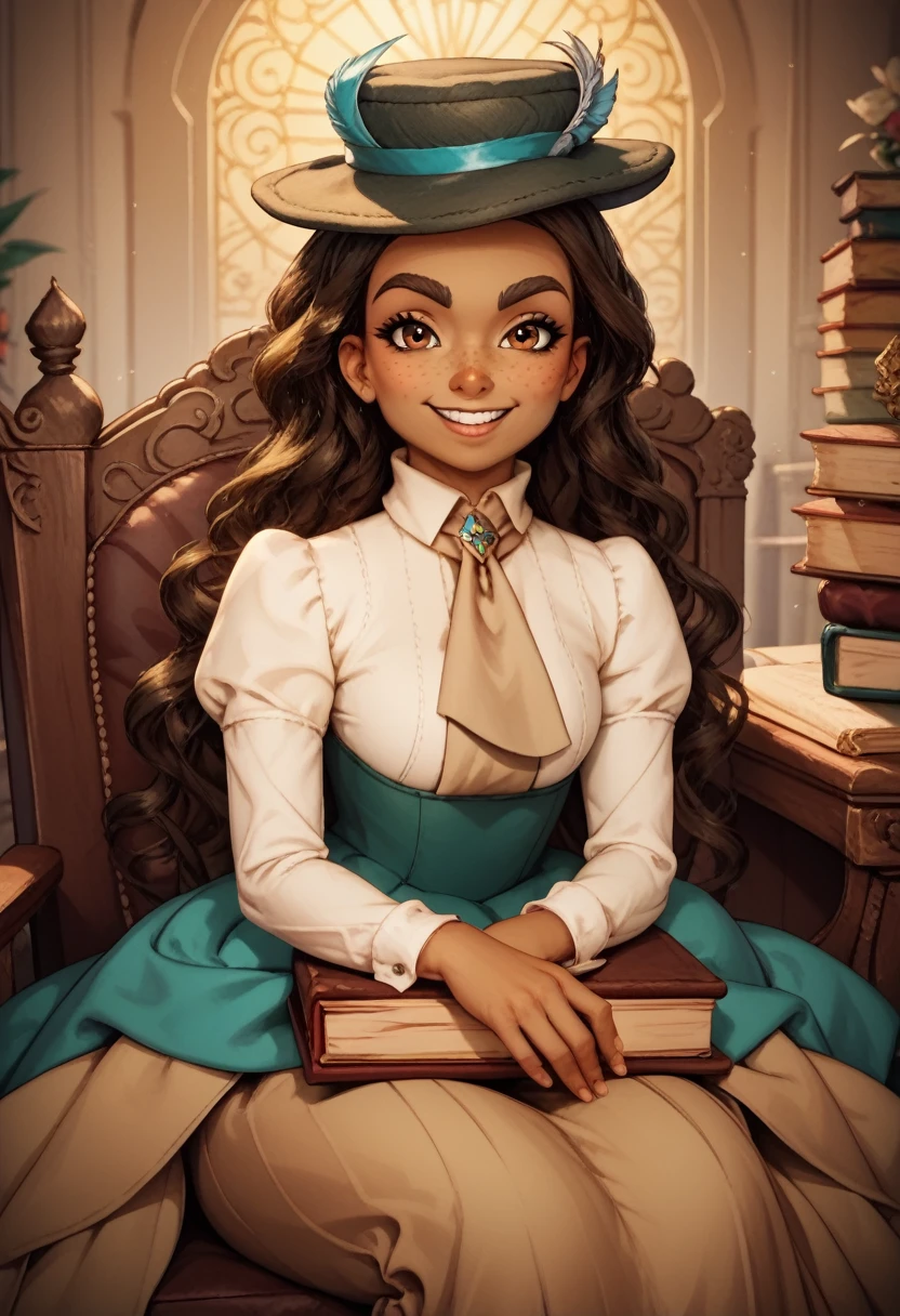 high definition, cute face, franimel, long hair untill hips, brown skin, brown eyes, freckles, hat, beige tie, baroque, half body, look at viewer, sitting down on green baroque chair, hands on lap, detailed background, dark floral wallpaper, pile of books aside, flirtatious smile