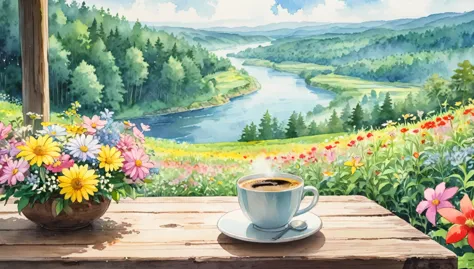 close-up of a cup of coffee on a table in a field of many flowers, distant forest and river, ghibli watercolor painting, no peop...