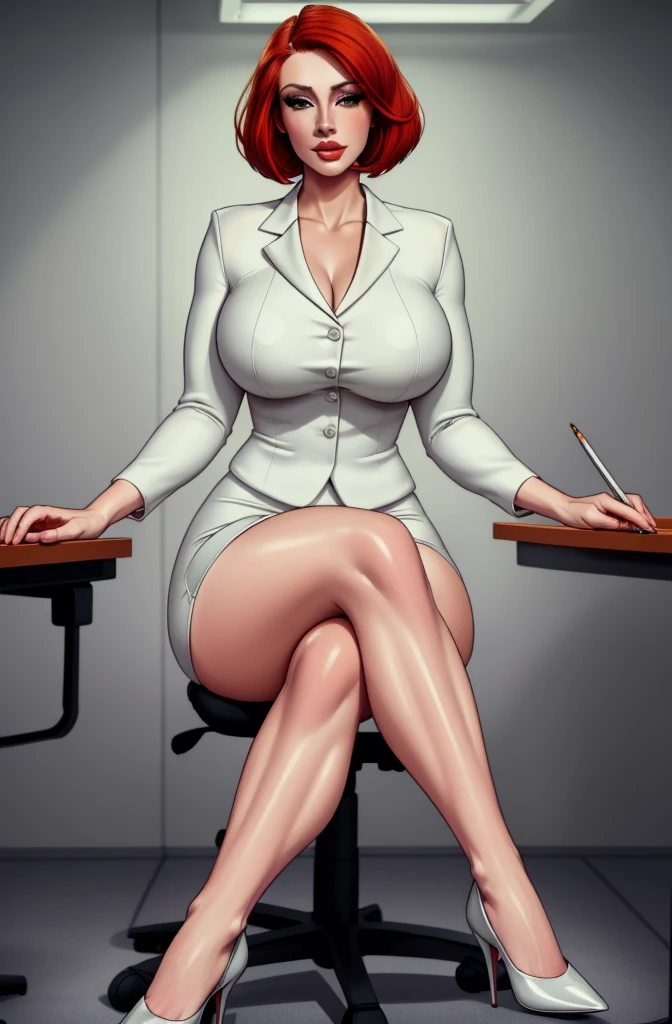 high quality,resolution:8k,realistic,Carolyn Dunn,red hair,bobcut,beautiful detailed eyes,beautiful detailed lips,white suit,pencil skirt,high heels,vivid colors,portraits,studio lighting, sitting, office chair, stockings