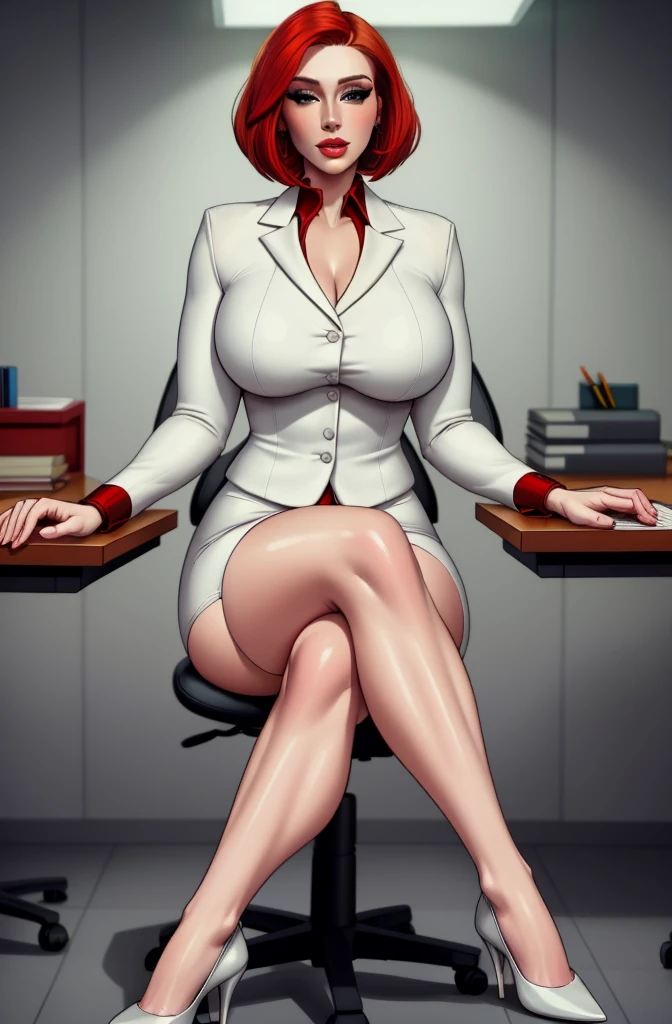 high quality,resolution:8k,realistic,Carolyn Dunn,red hair,bobcut,beautiful detailed eyes,beautiful detailed lips,white suit,pencil skirt,high heels,vivid colors,portraits,studio lighting, sitting, office chair, stockings