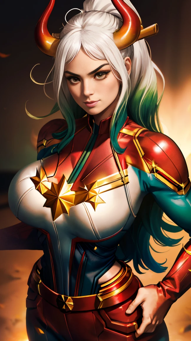 Foto de corpo inteiro, Yamato cosplay captain marvel, (best qualityer:1.3), sultry posing, captain marvel, (demon girl), very huge breasts, seductiv, sexly, white hair with light green tips, horn with red tips