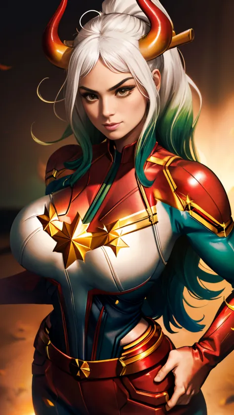 foto de corpo inteiro, yamato cosplay captain marvel, (best qualityer:1.3), sultry posing, captain marvel, (demon girl), very hu...