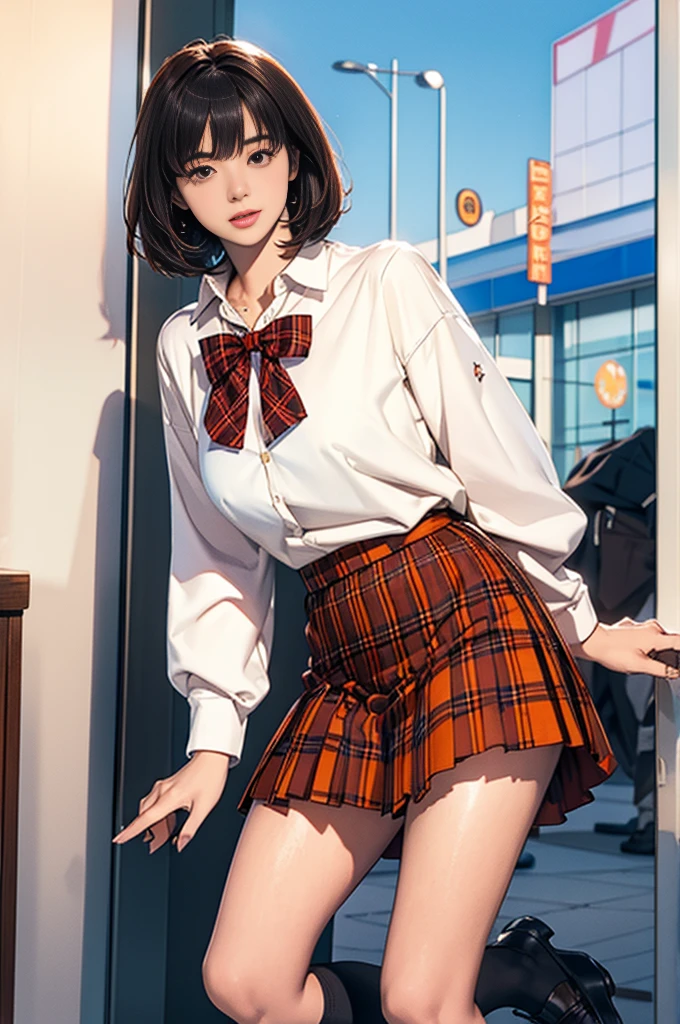 One girl, alone, bangs, skirt, shirt, bow, Holding, Brown eyes, jewelry, school uniform, white shirt, Ahoge, pleated skirt, Outdoor, In front of the store、Lips parted, shoes, shoes下, Medium Hair, necklace, Black footwear, Orange Hair, Plaid, Leaning forward, Kick the sign with your right foot、red skirt, Plaid skirt, Telephone, cardigan,